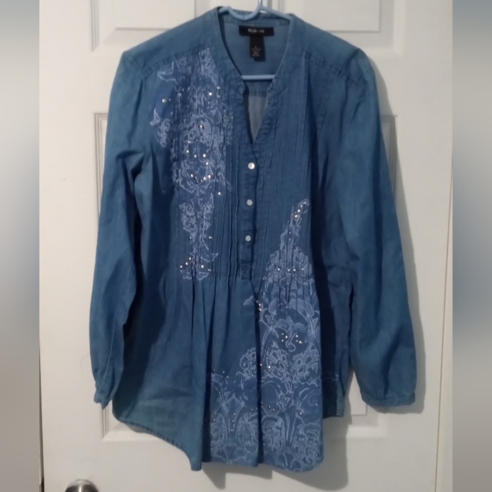 Style & Co. Blue Embroidered Tunic Top